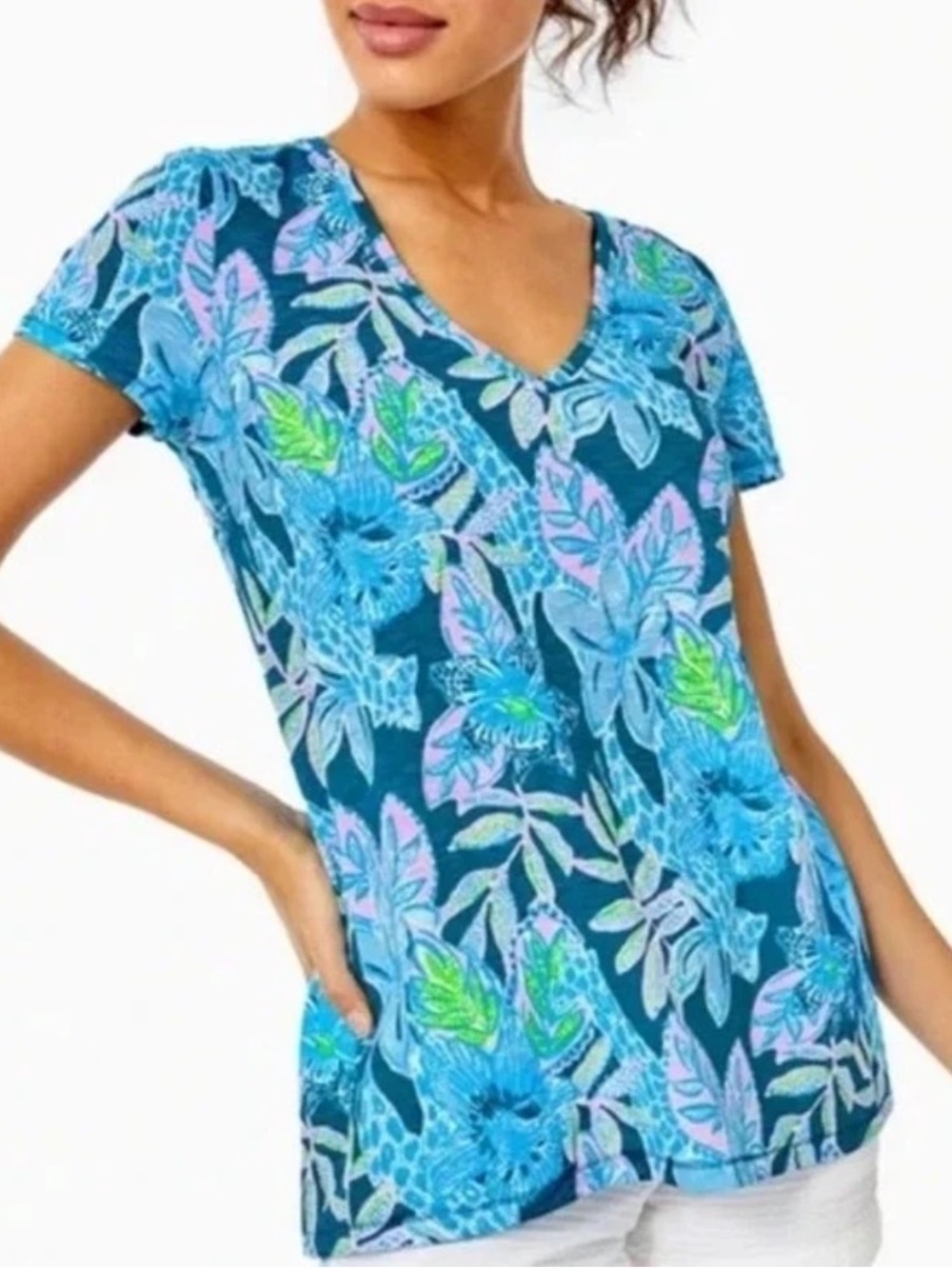 Lilly Pulitzer Etta V-Neck Macaw Blue Tall Me About It Size XS 100% Cotton